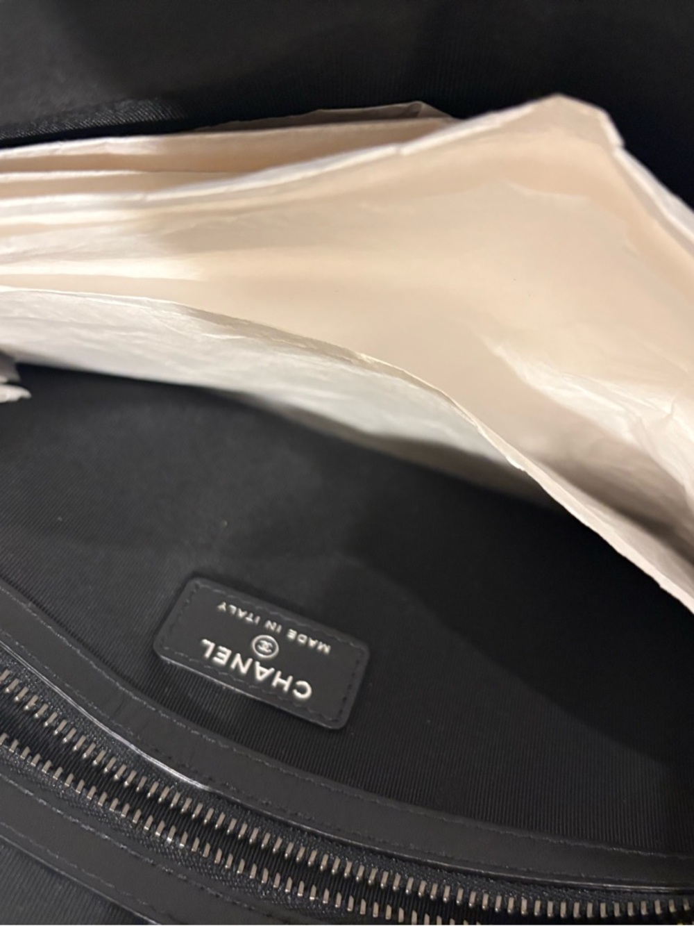 CHANEL Black Leather Chain-Script Zip Pouch with Gold & Silver Chain - Picture 2 of 3